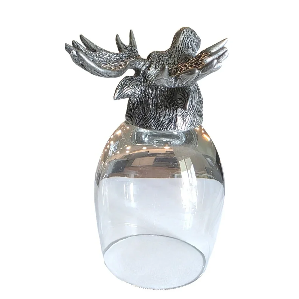 Shot Glass Set Moose Head Pewter Base Cabin Decor Silver Clear